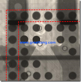 BGA錫球尺寸小于0.4mm，采用降低BGA內(nèi)圍襲球的錫膏量所得到X-Ray，稍微留意一下可以發(fā)現(xiàn)最外圈的錫量(圓的直徑)比其他內(nèi)圍的錫球上的錫量來得多一點點。也就是外圈的黑色圓形直徑比內(nèi)圈的圓形來得大一點點。