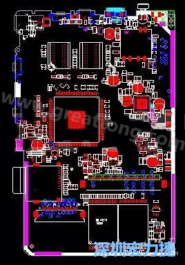 上圖是一個開發(fā)板的PCB，從布局中可以看出各個接口電路分離很明確，SDRAM和DDR以及SD卡接口電路等走線不會造成相互的干擾。-深圳宏力捷