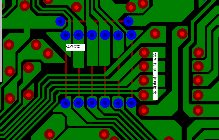 PCB設(shè)計(jì)焊點(diǎn)過密，易造成波峰連焊，焊點(diǎn)間漏電