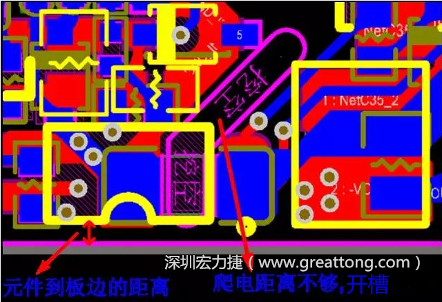 如果碰到模塊PCB空間有限，爬電距離不夠，可以采用開槽的方式