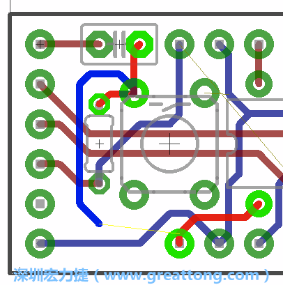 要在電路板正面進(jìn)行+5V信號(hào)線連結(jié)和其他連結(jié)點(diǎn)的布線工作是非常容易的，而重置信號(hào)線（信號(hào)線用來連結(jié)電路板正面左邊的重置開關(guān)）需要經(jīng)過一個(gè)可以通過電路板正反兩面的電路通道，這個(gè)通道是一個(gè)可以讓電路板正反兩面線路連接的一個(gè)小孔。