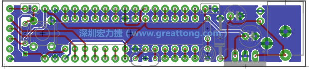 第二篇文章則帶領你進行電路板上的布線、連結點的配置，并利用「設計規(guī)則檢查（Design Rule Check）」測試你的設計，第二篇文章的電路板設計圖將如下所示：
