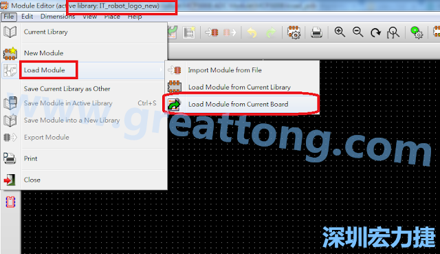 進入Module Editor去載入其他Footprint(Module)進來， 從目前的Active library (不過要先選取一個Current library ) 載入Module 或從目前正在編輯的PCB載入Module。